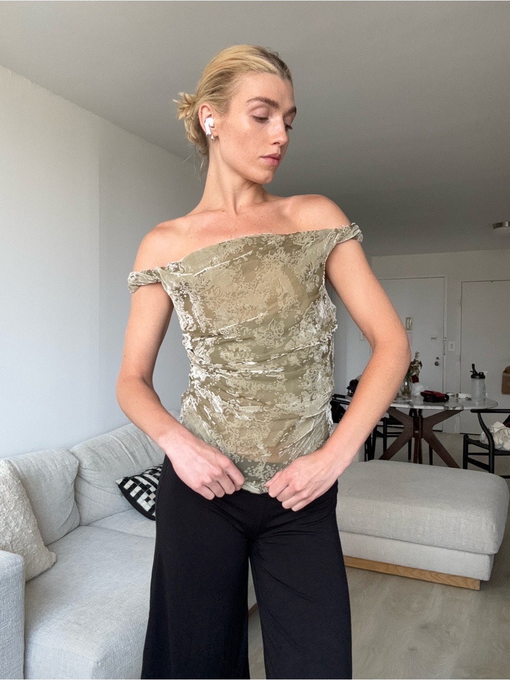 Mango MNG Burnout Velvet Draped Off Shoulder Top Size S